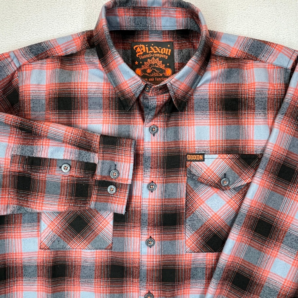Dixxon Flannel Co Mens Large Orange Black Grey Plaid D-Tech Long Sleeve Shirt